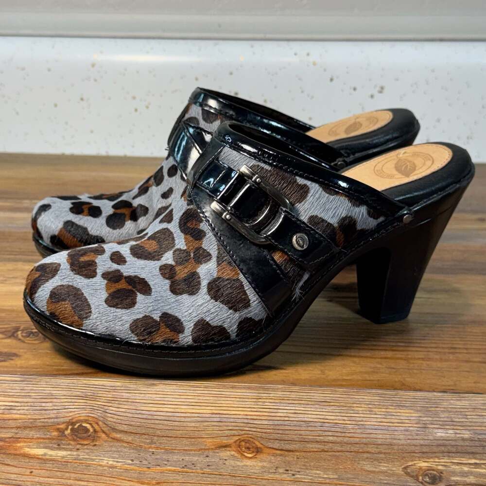 Nurture Women’s 6M Leopard Calf Hair Platform Clogs Mules Black Patent Heels